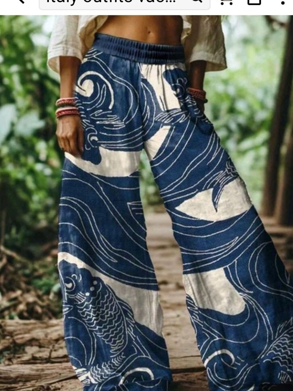 Bohemian Wide-Leg Koi Print Pants - Blue & White